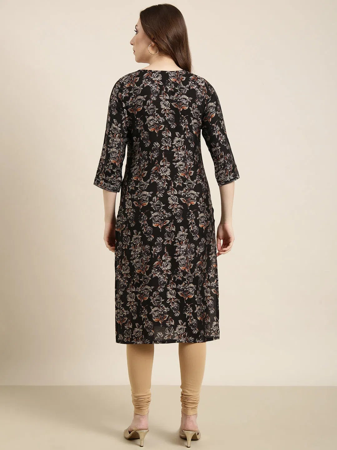 Black Floral Print Cotton Kurta | Women's Indian Kurtis Online