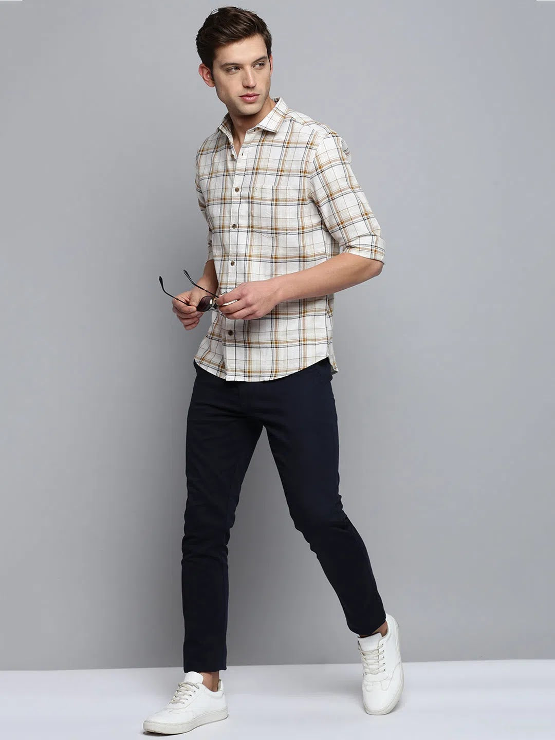 Beige Checked Mens Shirt - DesiQlo Cotton Casual Shirt