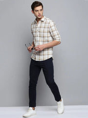Men Beige Checked Casual Shirt-MARFACHECKS-4437-Beige