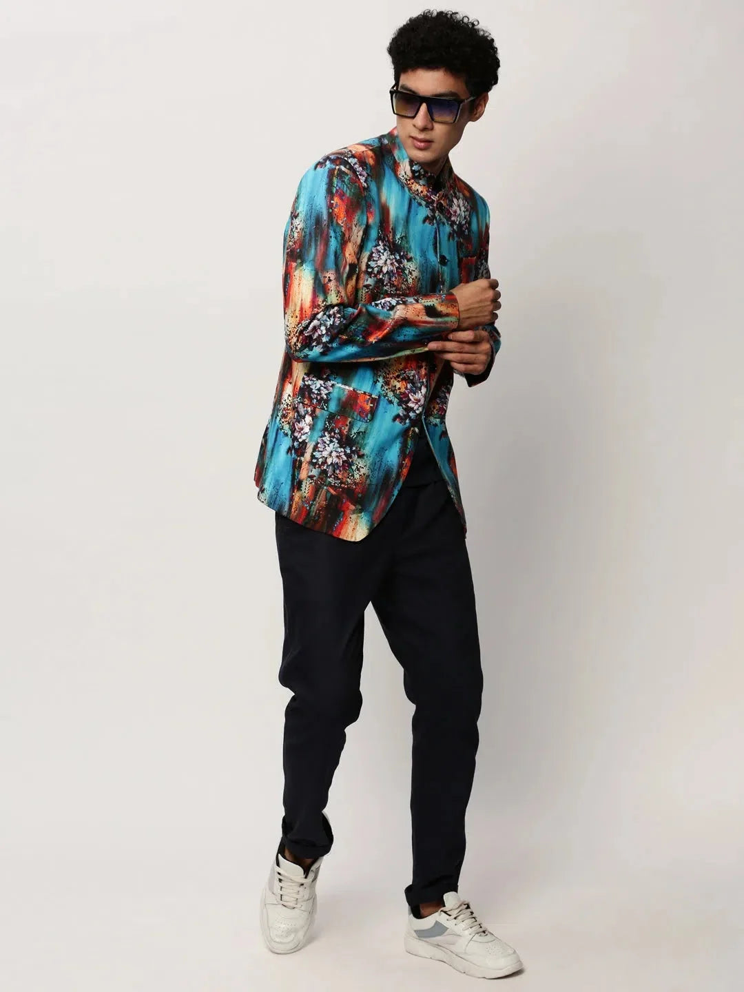 Men's Blue Printed Blazer | Modern Ethnic Nehru Jacket Design