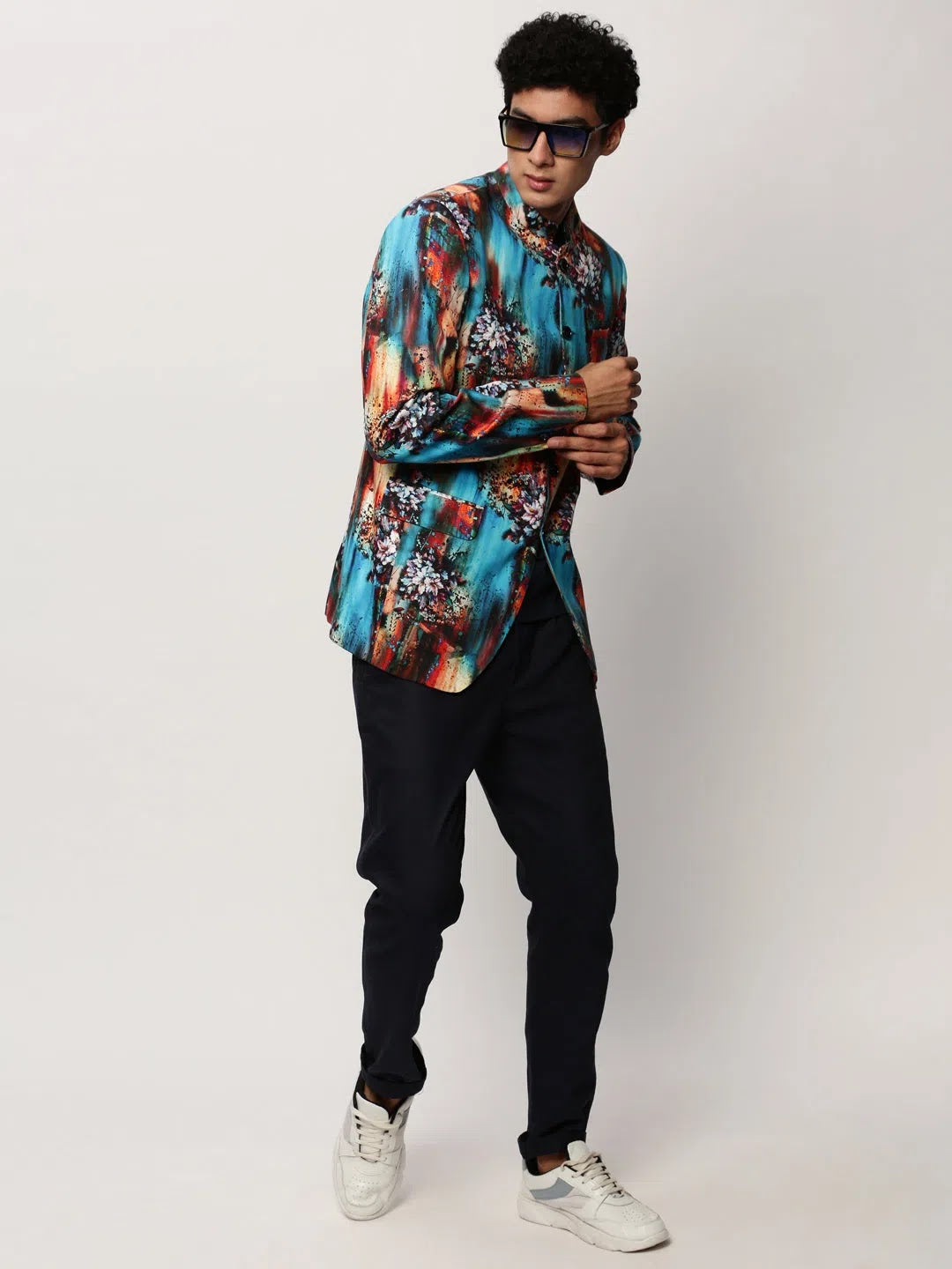 Men's Blue Printed Blazer | Modern Ethnic Nehru Jacket Design