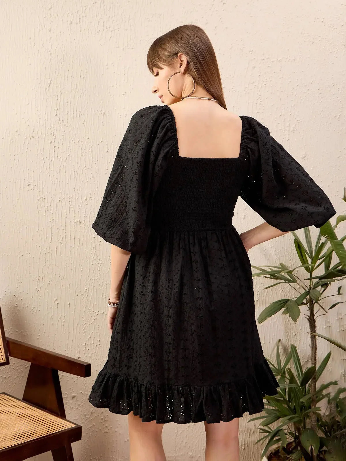 Black Schiffli Short Dress: Women's Fit & Flare Cotton Dress