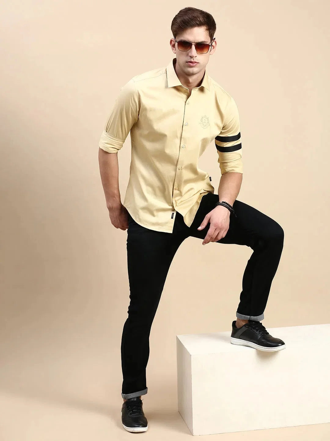 Beige Solid Mens Shirt | Cotton Casual Shirt - DesiQlo