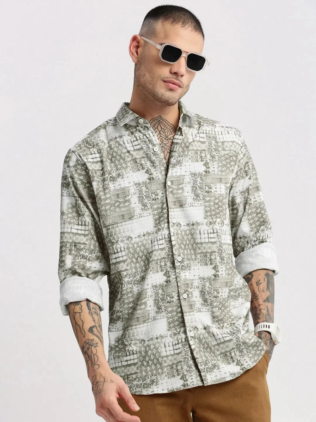 Men's Abstract Green Casual Shirt - Kurta Pajama Style Alterna...
