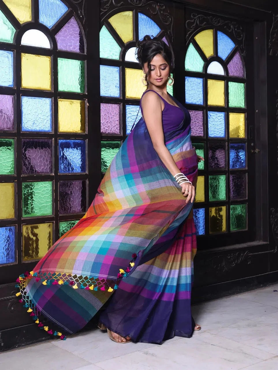Navy Blue Colorblocked Cotton Saree | Indian Sarees