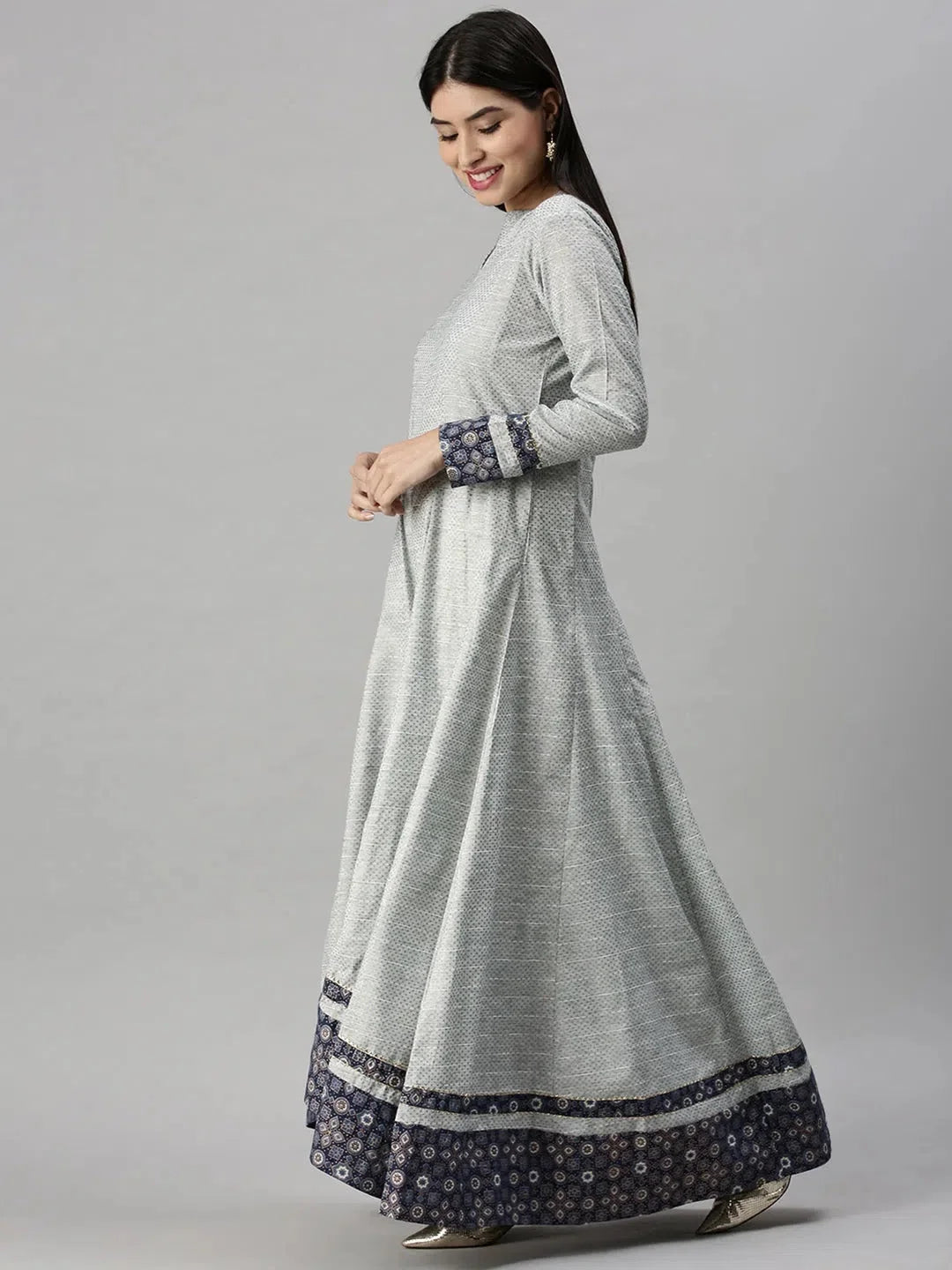 Blue Printed Anarkali Kurta - Women's Cotton Anarkali Dress