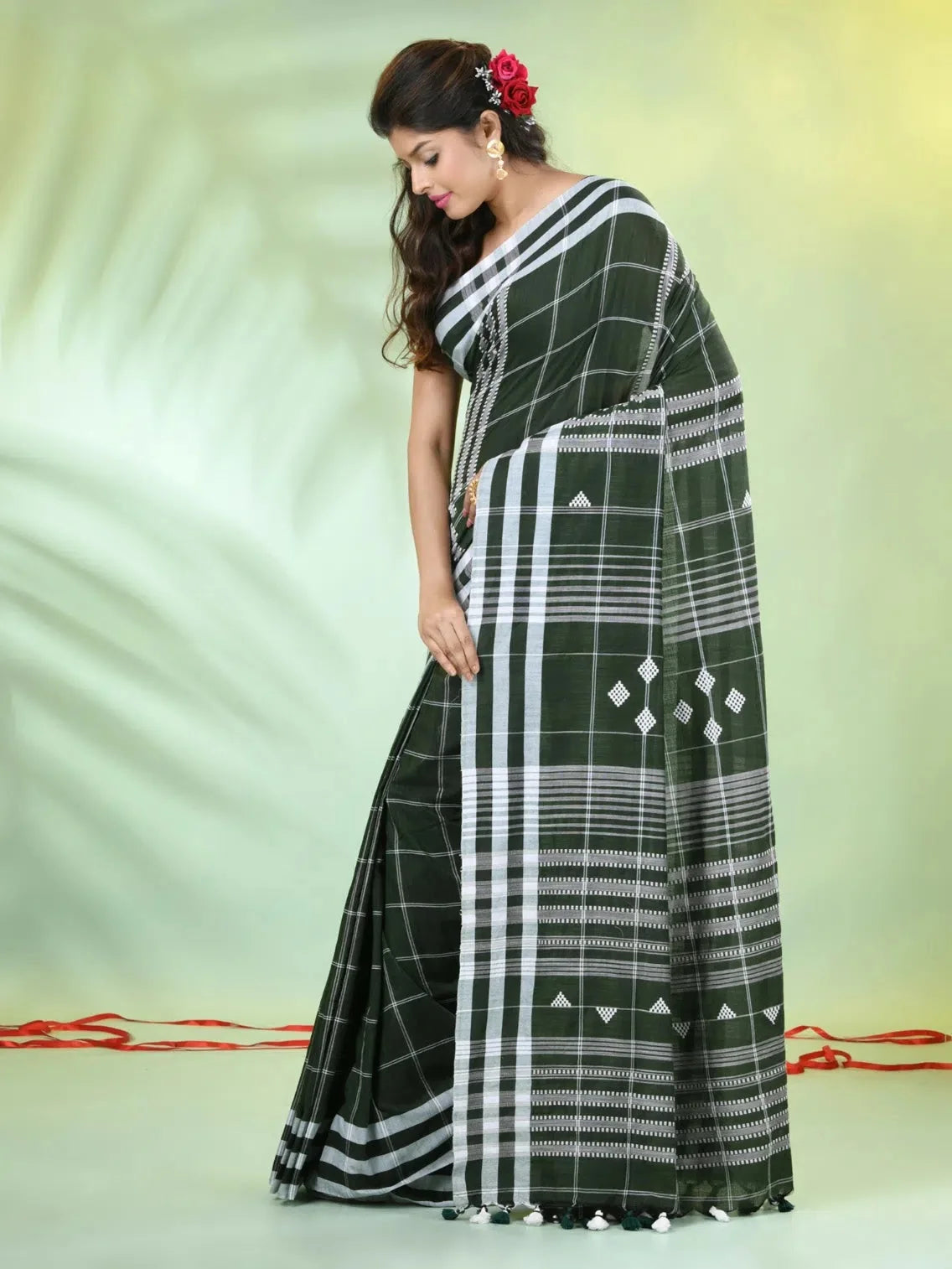 Moss Green Cotton Check Saree | Indian Wedding Sarees