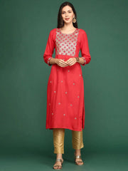Women's Red Embellished Straight Kurta-GW-477-Red