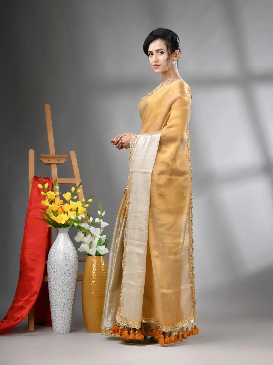 Golden Tissue Cotton Saree with Gota Patti | Indian Sarees