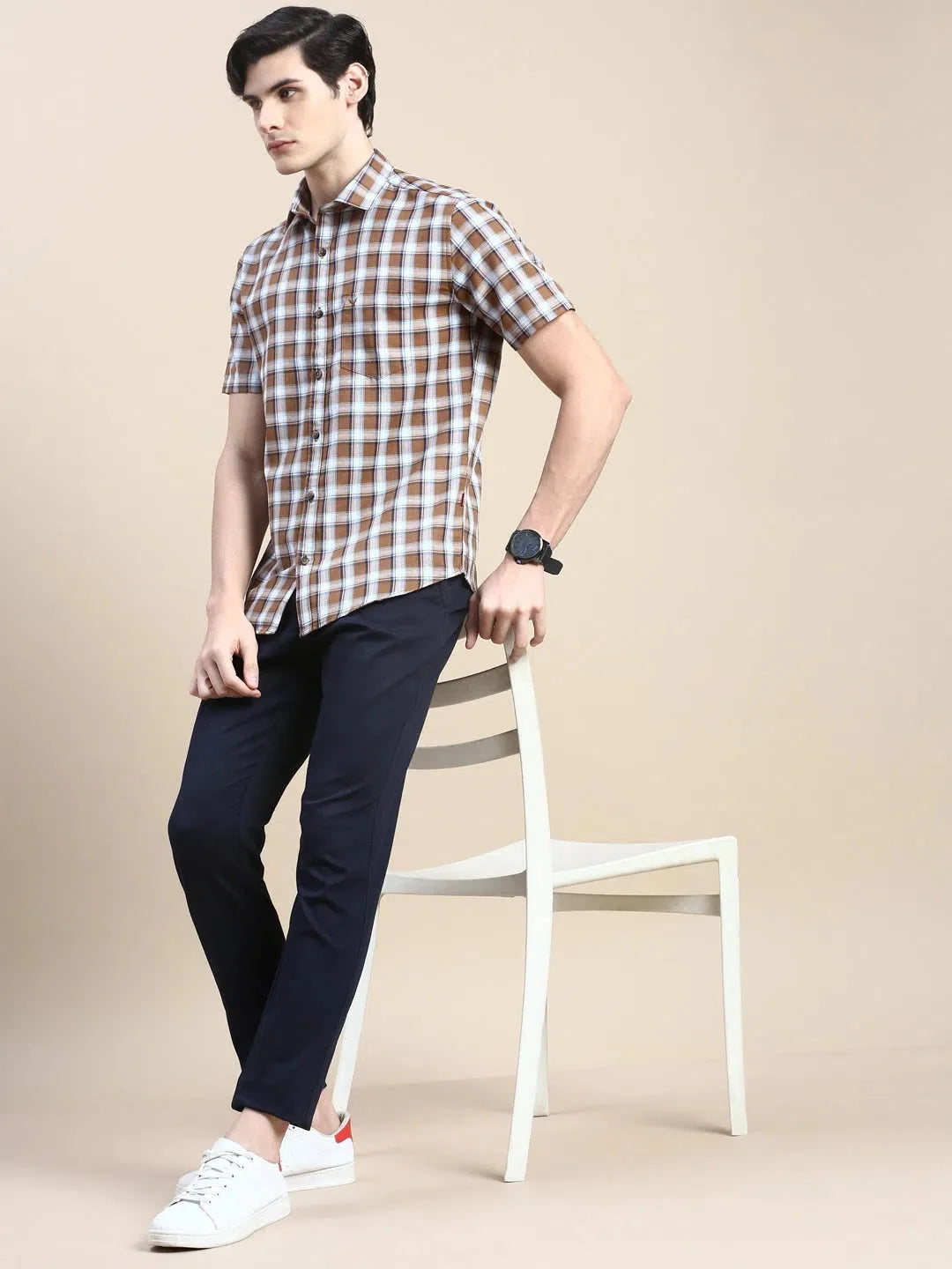 Buy Men's Khaki Checked Cotton Shirt | Casual & Stylish