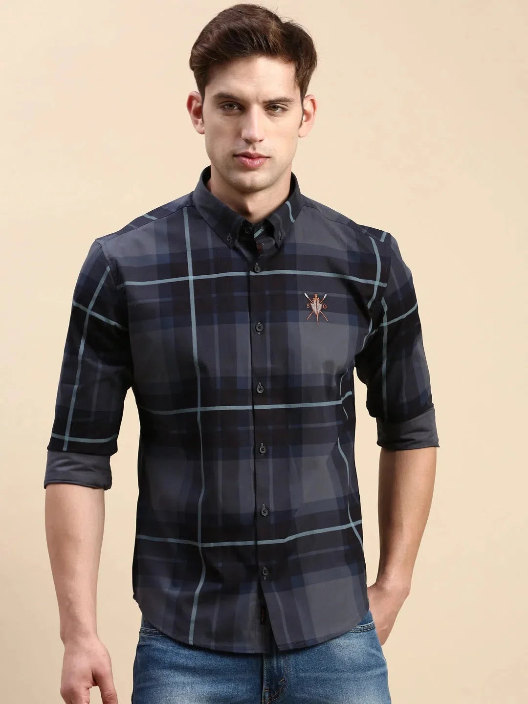 Trending Navy Checked Mens Shirt - Cotton Casual Shirt | DesiQlo