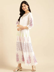 Women's White Embroidered Anarkali Kurta-DW-1040-White