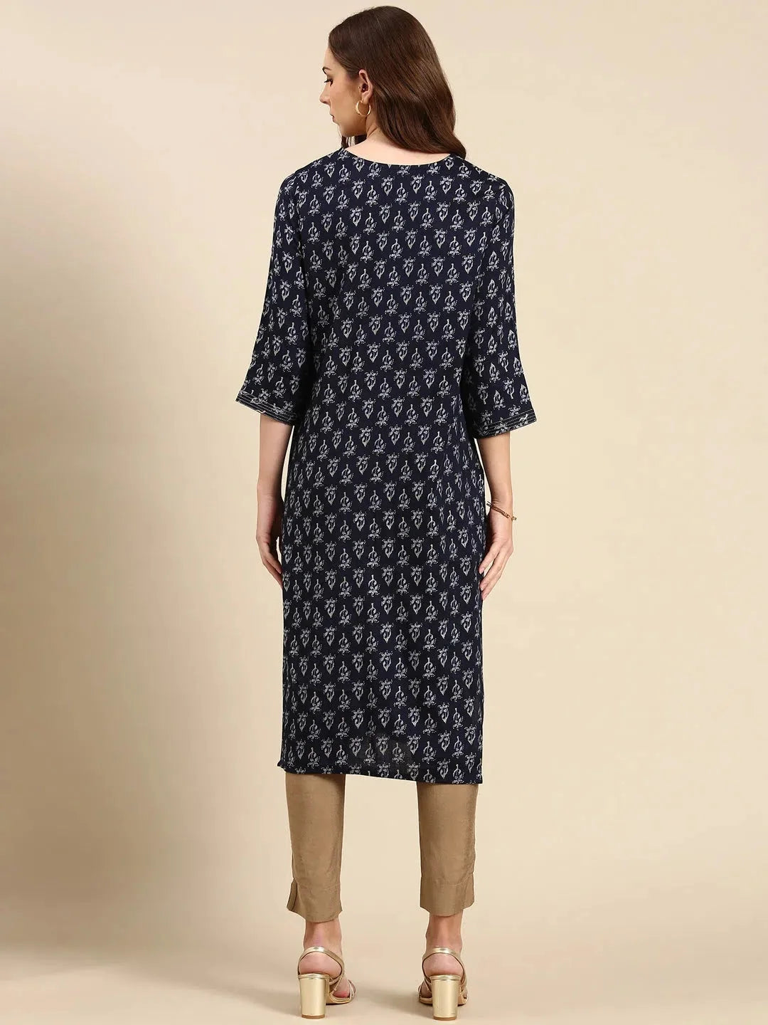 Navy Blue Printed Cotton Kurta - Indian Kurta for Women