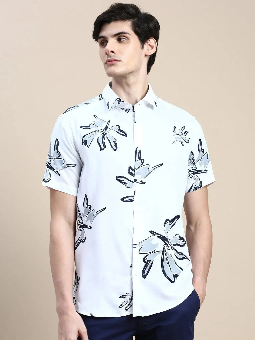 White Floral Cotton Mens Shirt - Printed Beach Shirts | DesiQlo