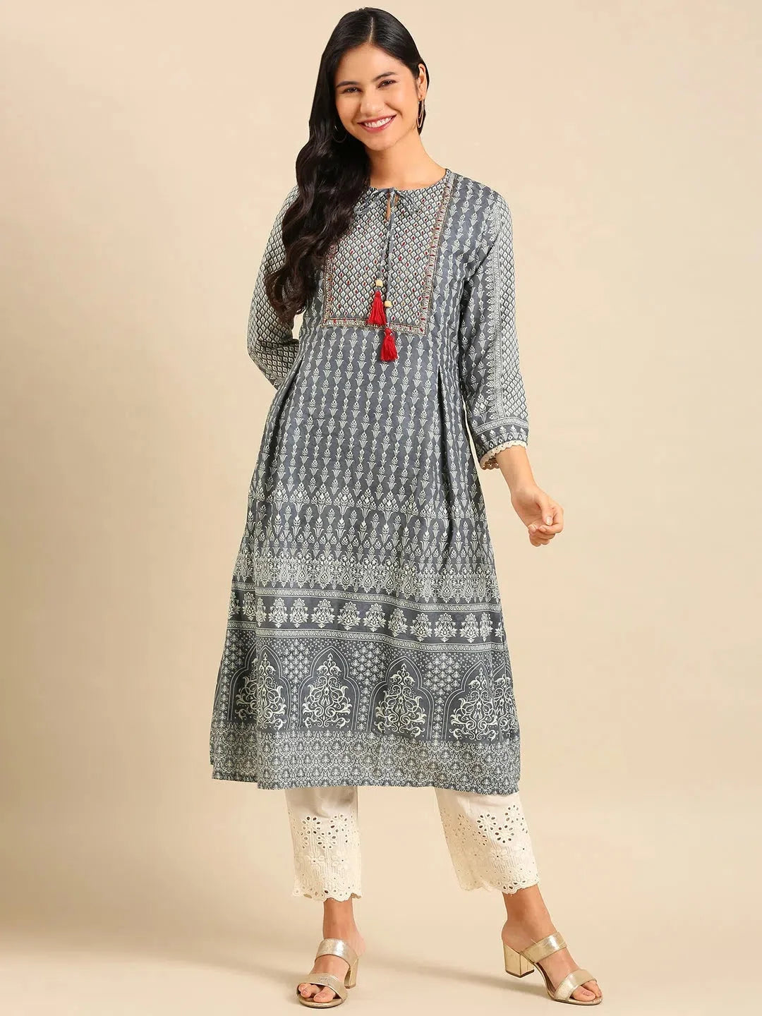 Grey Printed Cotton Kurta Set | Women's Designer Kurta Sets