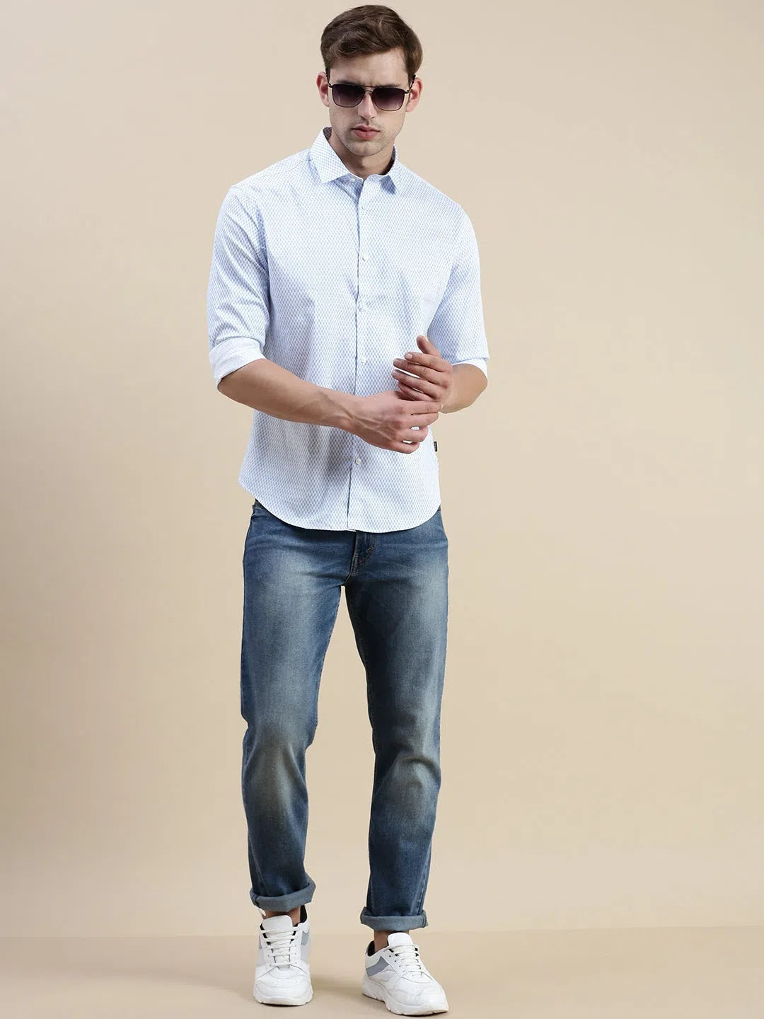 White Geometric Mens Shirt - DesiQlo Stanley Cotton Casual