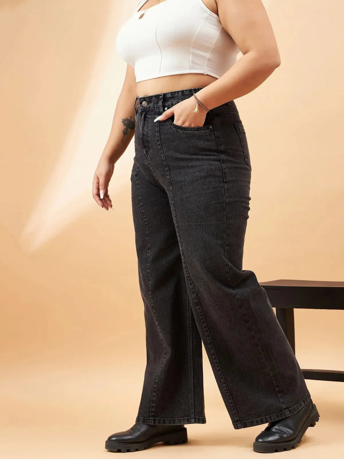 Black Acid Wash High Waist Jeans - Women's Straight Leg Denim