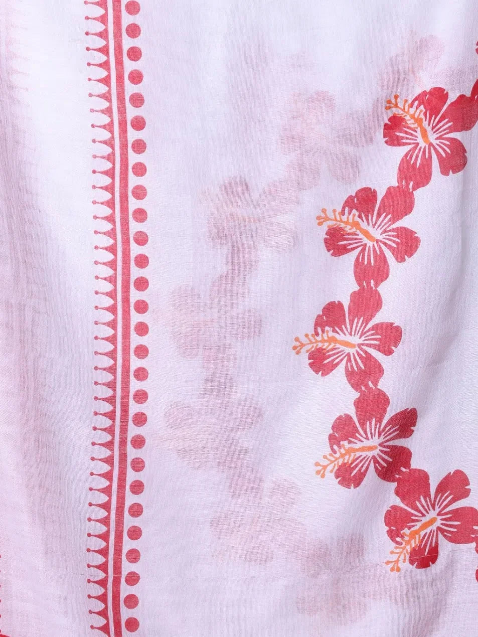White Hibiscus Cotton Indian Sari: Bengali Style Saree