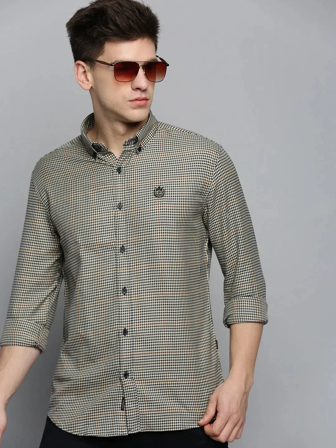 Men Beige Checked Casual Shirt-AARONCHECKS-4344-Cream