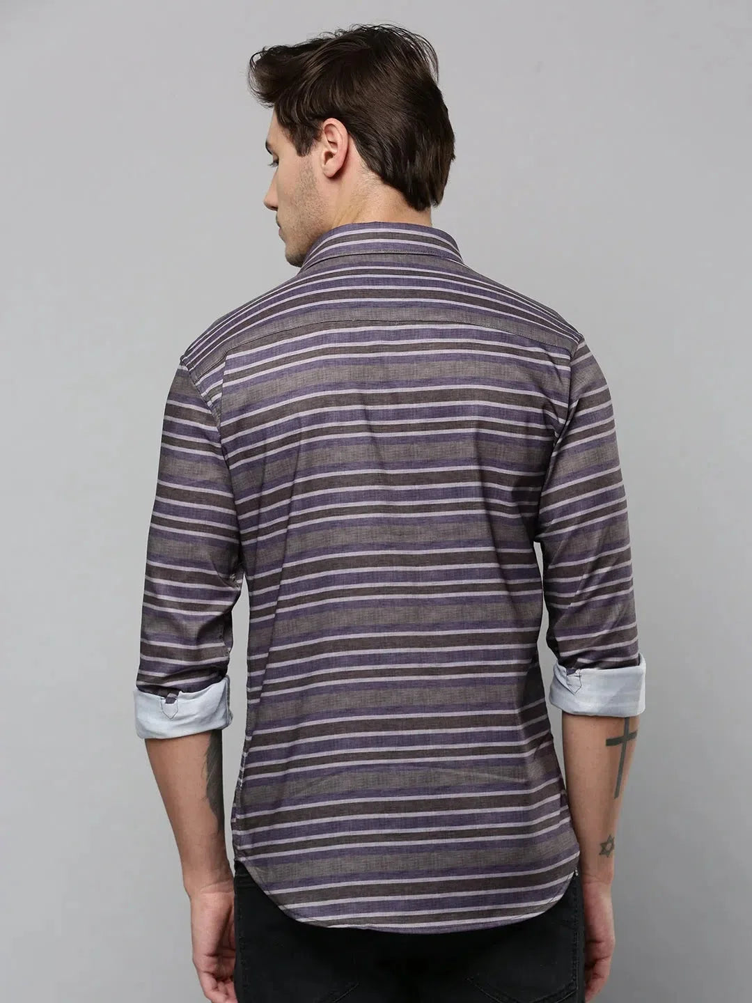 Men's Striped Shirt - Grey Cotton Casual Shirt | DesiQlo