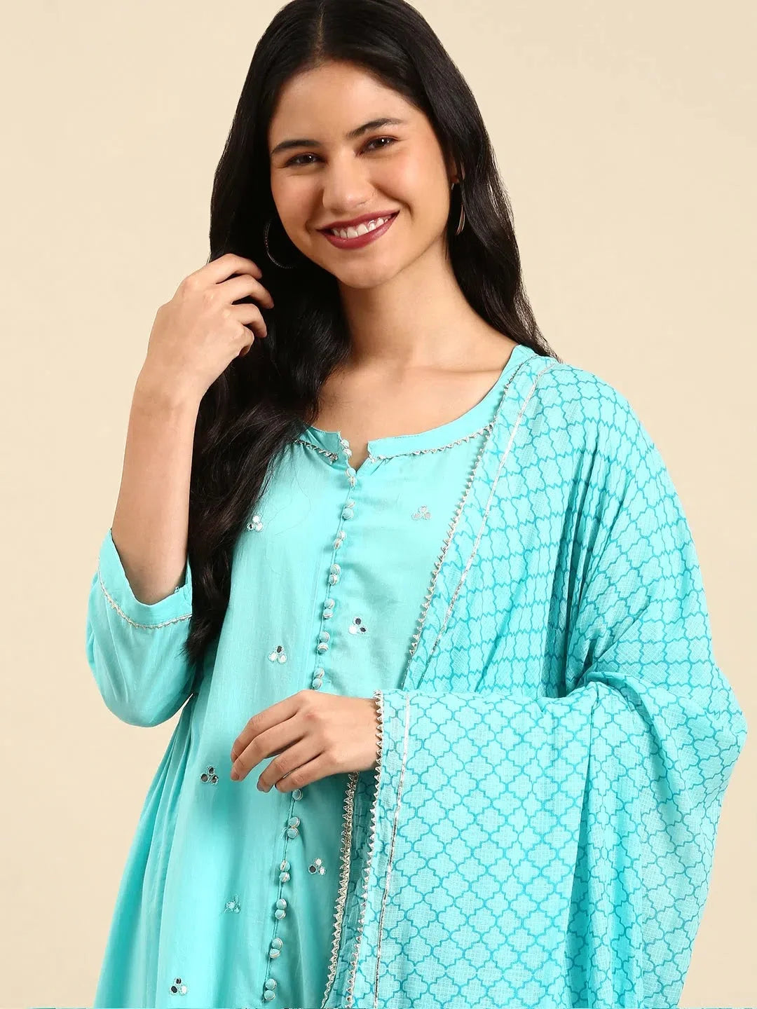 Turquoise Blue Kurta Set | Solid Women's Cotton Kurta Sets