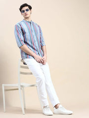 Men Blue Striped Casual Shirt-LAVINIA-1455-Blue