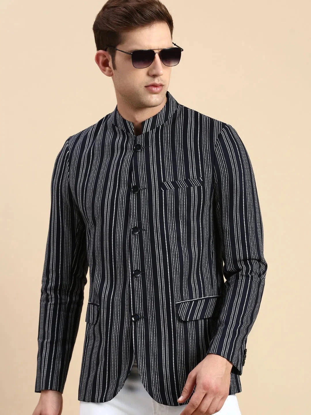 Navy Striped Party Blazer | Men's Ethnic Wear | DesiQlo