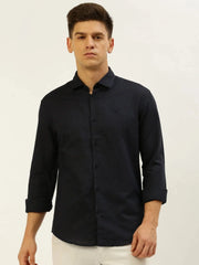 Men Navy Solid Casual Shirt-MEGANLINEN-3482-Navyblue