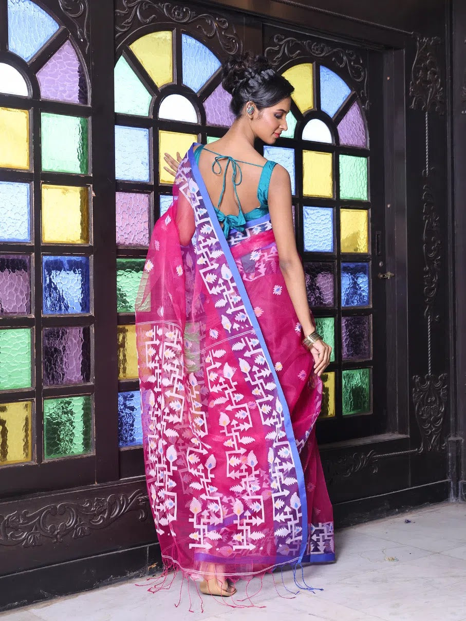 Fuchsia Linen Muslin Saree | Designer Sarees India