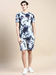 Men White Tie Dye Casual Co ord Set-EX-692-Whitenavyblue