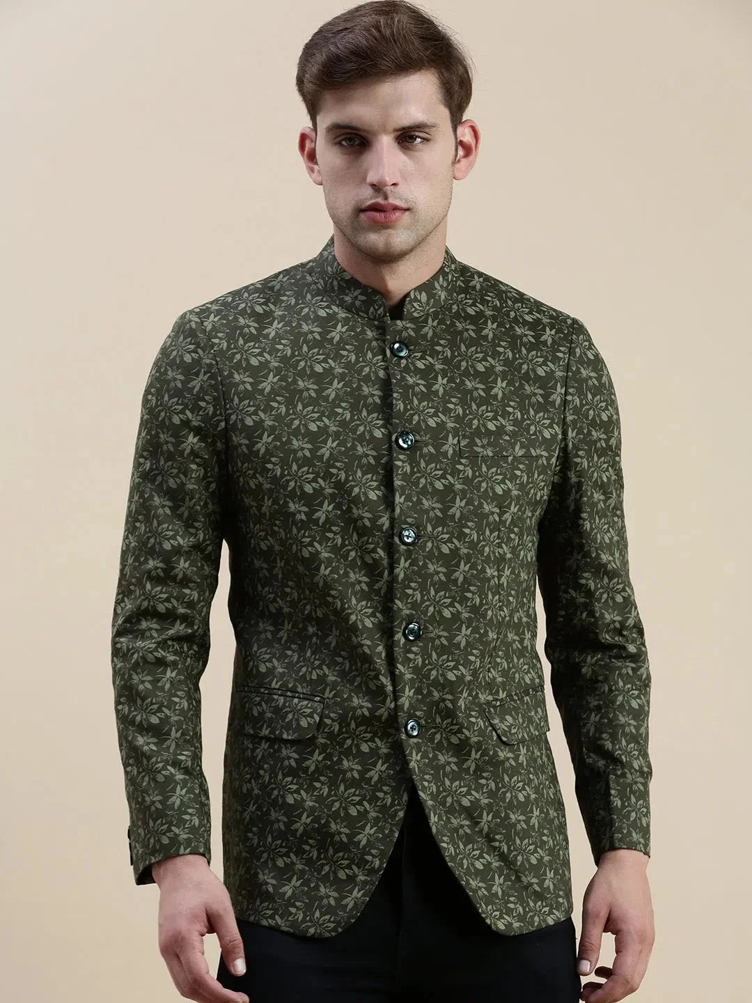 Green Printed Cotton Blazer - Men's Ethnic Wear | DesiQlo