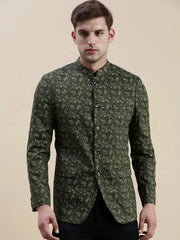 Men Green Printed Casual Blazer-SOBLZ-029-7-Olive