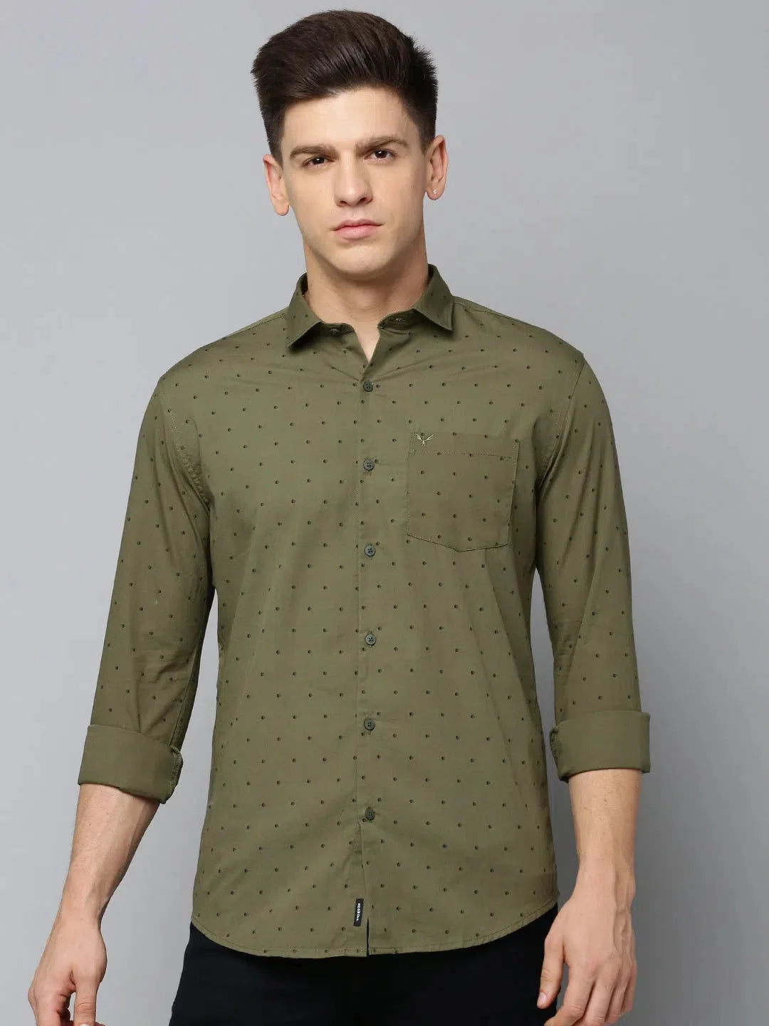 Olive Green Printed Cotton Mens Shirt | Casual DesiQlo