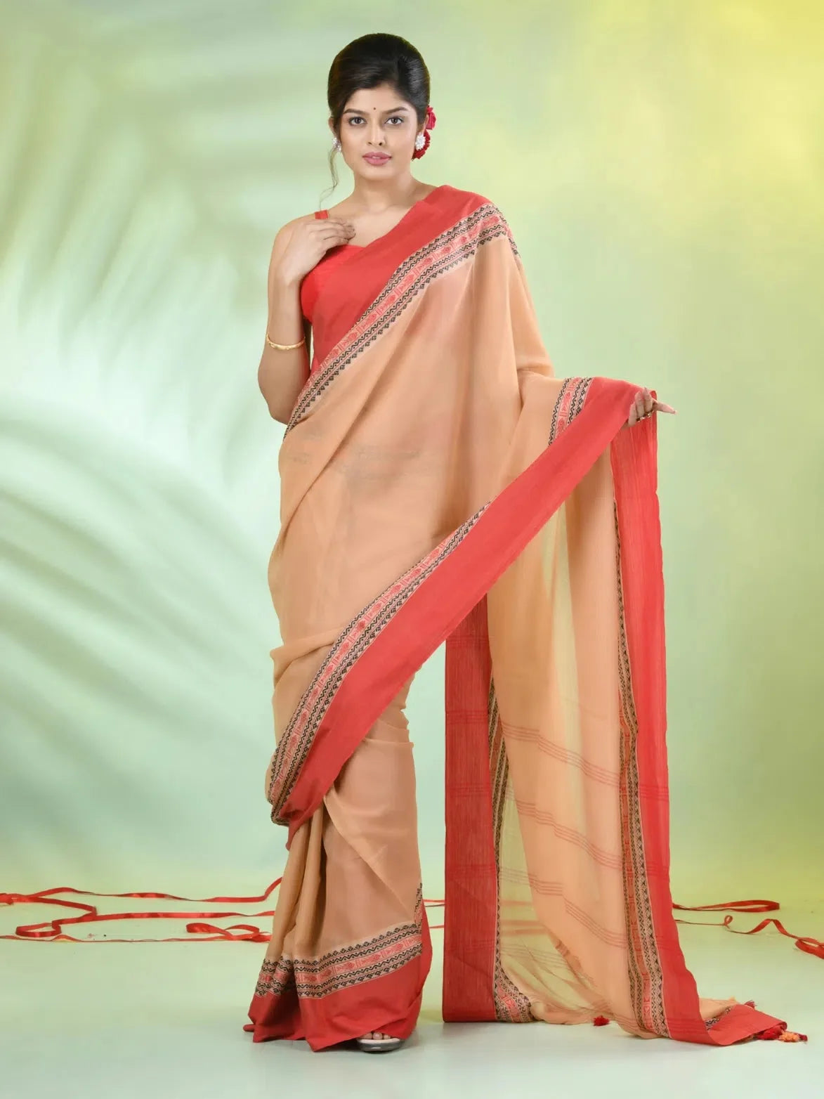Beige Cotton Saree with Border | Indian Sari Elegance