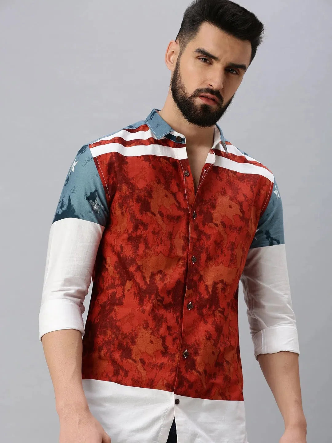 Red Printed Mens Shirt - Cotton Casual Shirt for Men