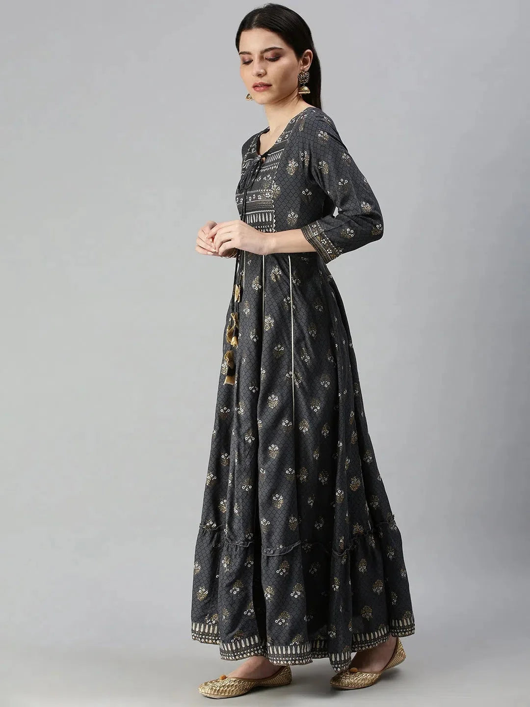 Grey Printed Cotton Anarkali Kurta | Women's Anarkali Kurti