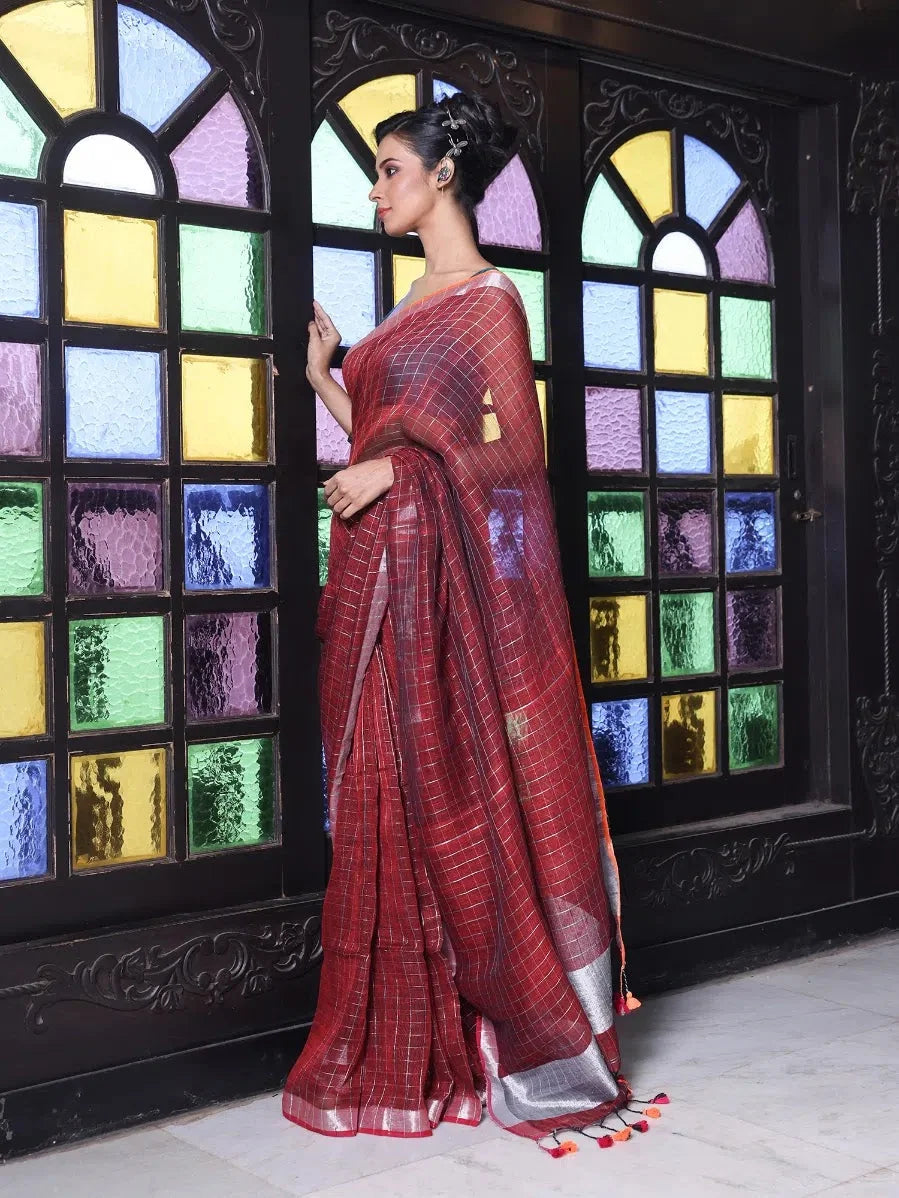 Maroon Linen Check Saree with Zari - Designer Sarees India