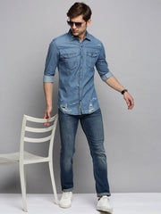 Men Blue Solid Casual Shirt-VIVODENIM-4464-Blue