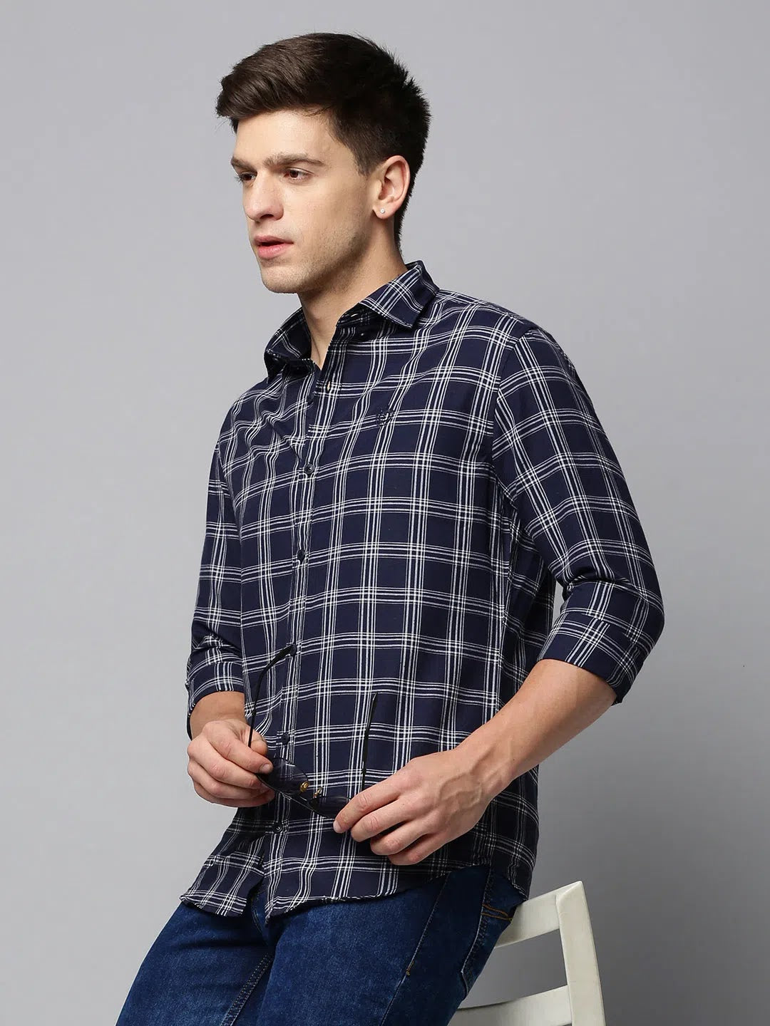 Navy Checked Mens Shirt - Cotton Casual Shirt from DesiQlo