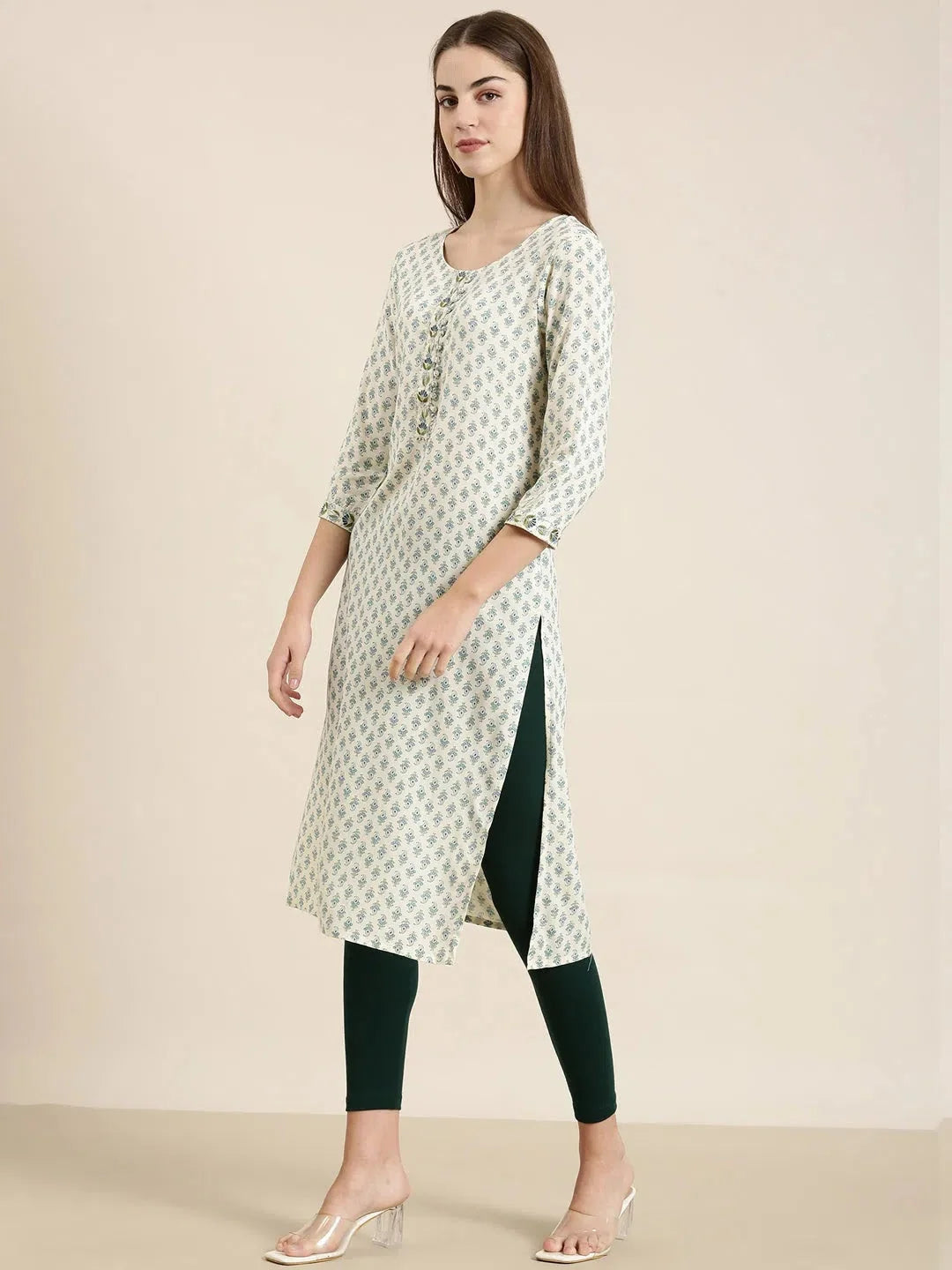 Off White Paisley Cotton Indian Kurta Ladies - DesiQlo