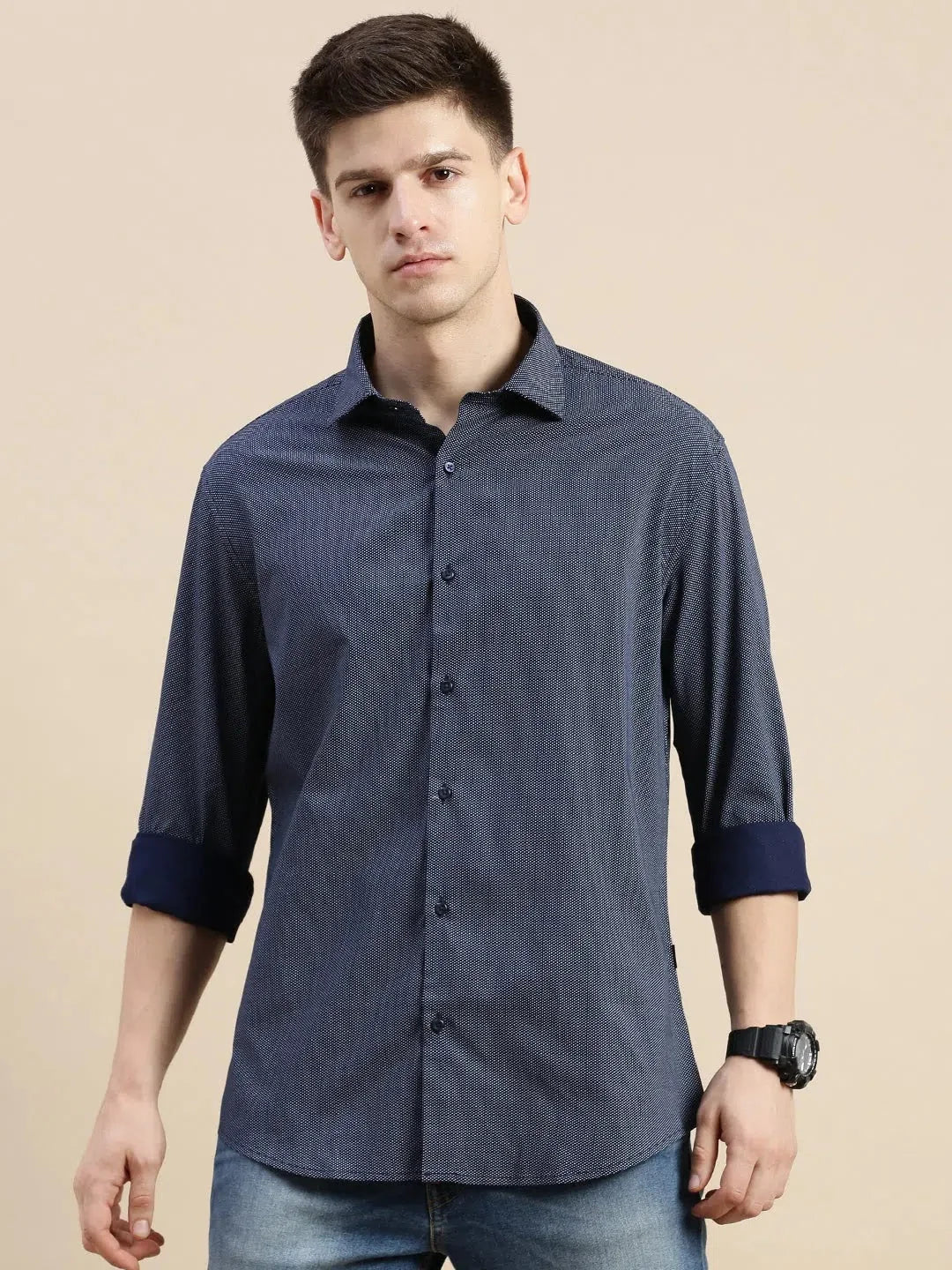 Navy Polka Dot Mens Shirt | Casual Printed Shirt - DesiQlo