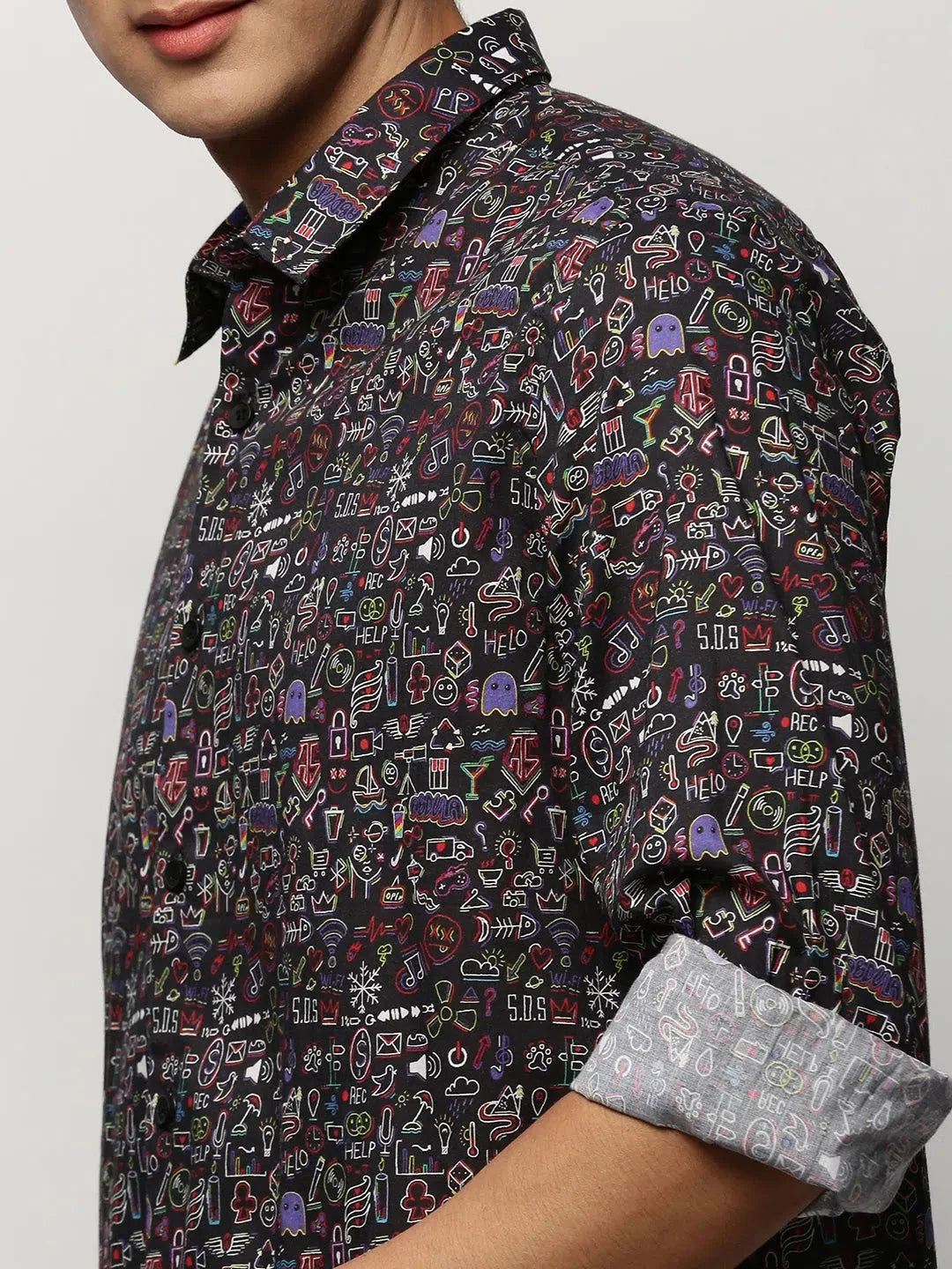 Men's Black Graphic Print Cotton Shirt | DesiQlo