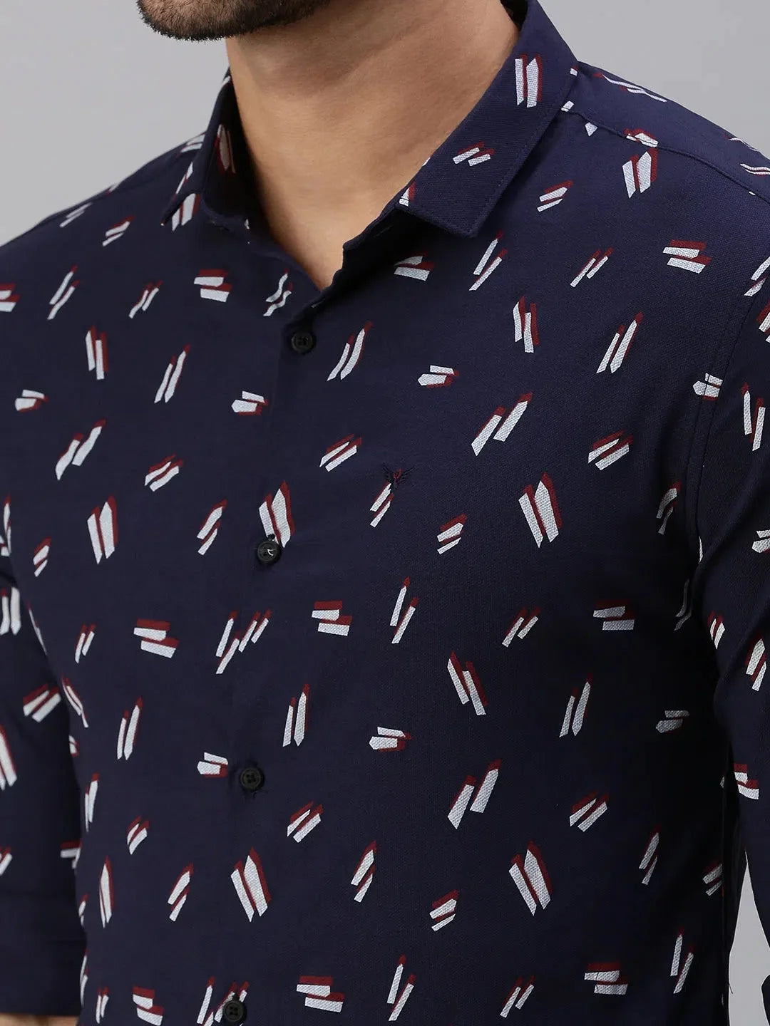 Men's Navy Blue Printed Cotton Shirt | DesiQlo