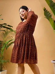 Women Brown & Beige Floral Short Tiered Dress