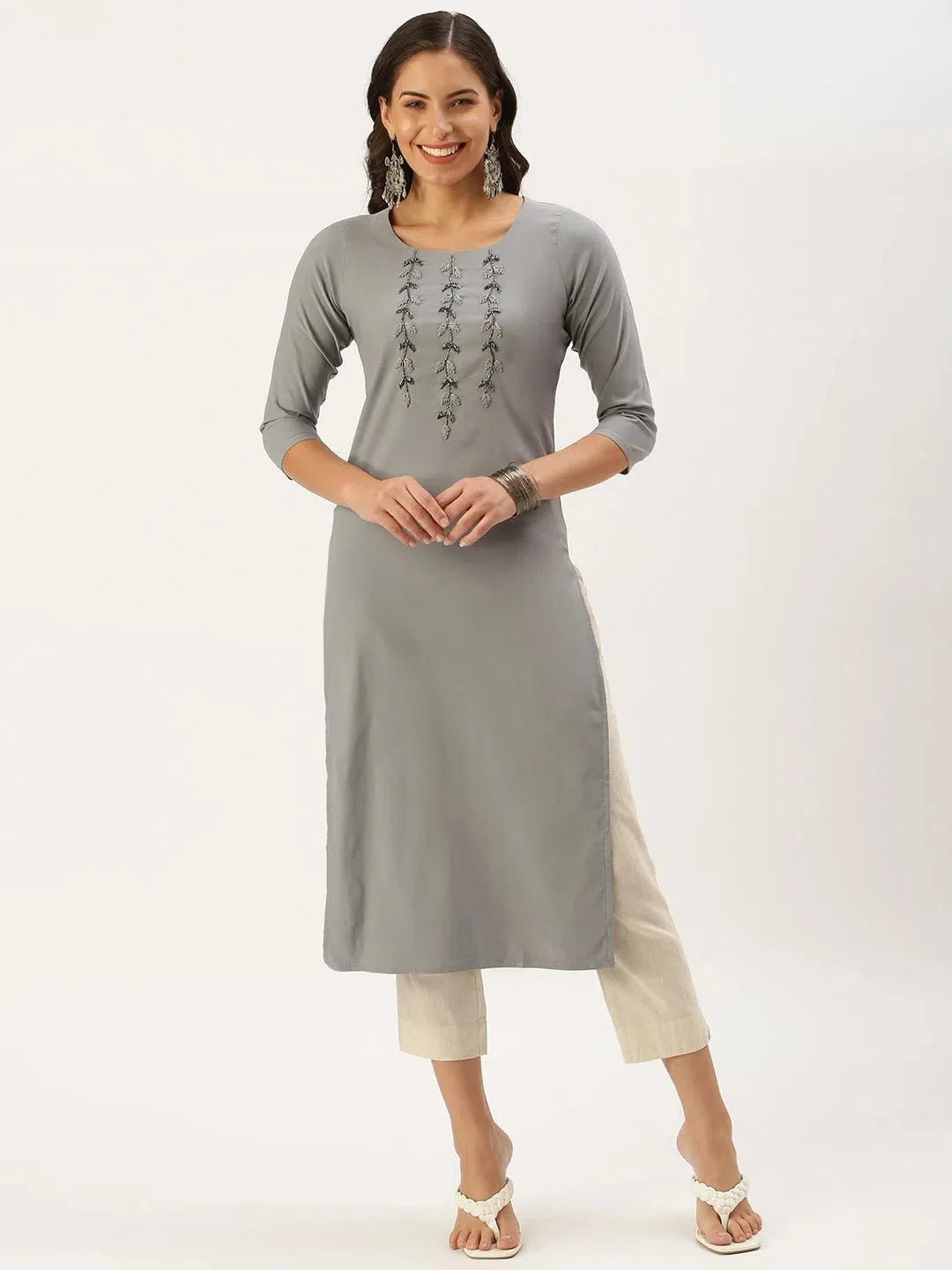 Grey Embellished Indian Kurta for Women - Cotton Kurtas