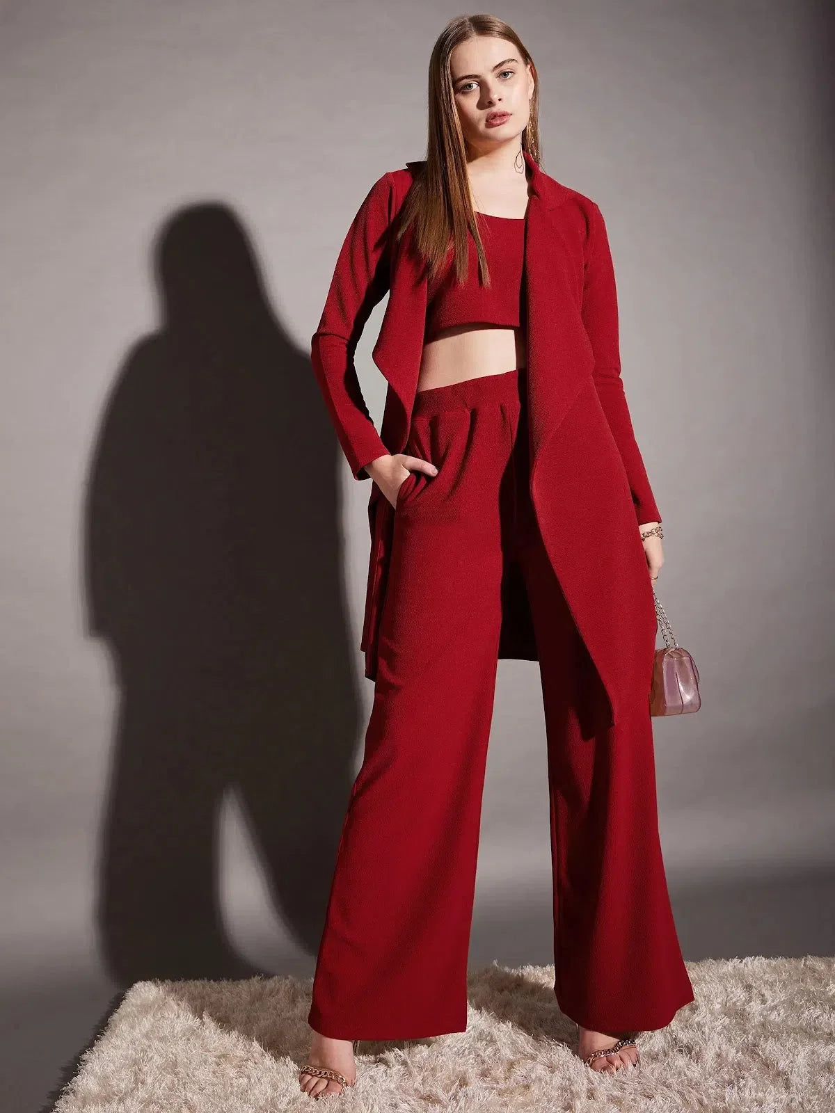 Red Three Piece Cord Set for Women | Stylish Two Piece Sets