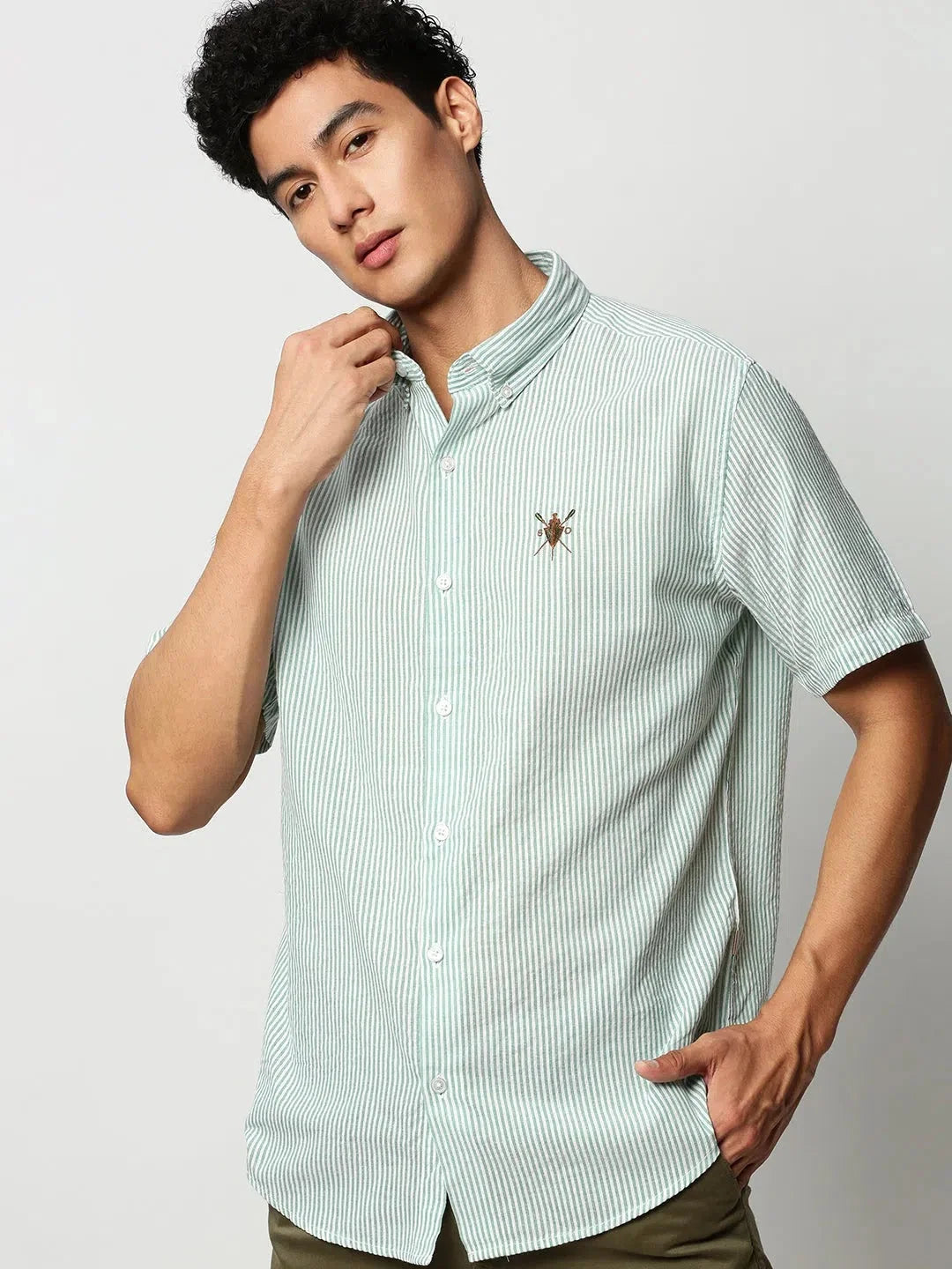 Green Striped Mens Cotton Shirt - Casual Shirts by DesiQlo