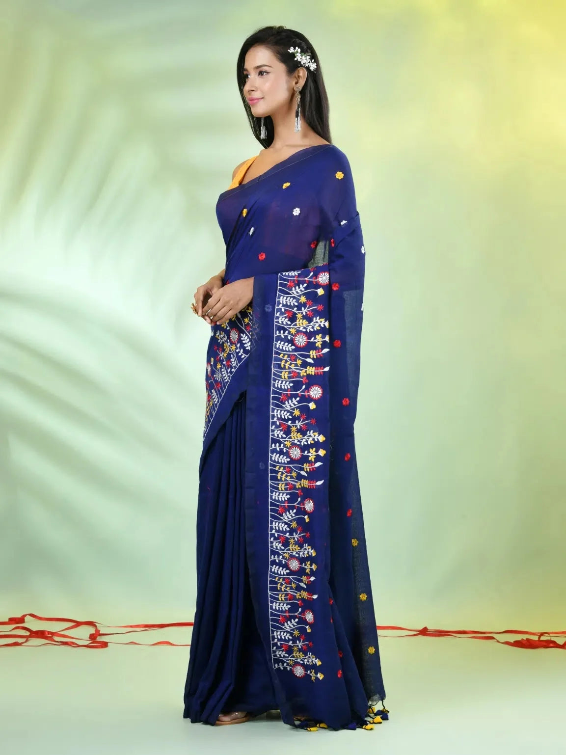 Blue Floral Embroidered Cotton Saree | Designer Sarees India