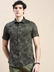 Men Green Floral Casual Shirt-GEORGE-1630-Olive