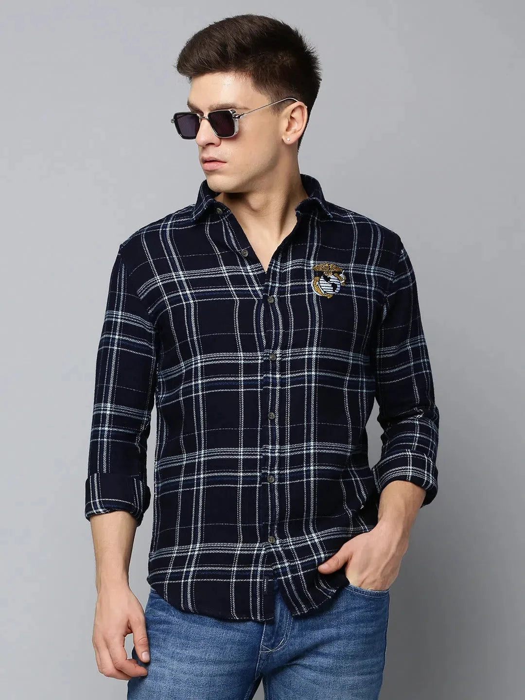 Mens Navy Checked Cotton Shirt | DesiQlo Casual Formal Shirts